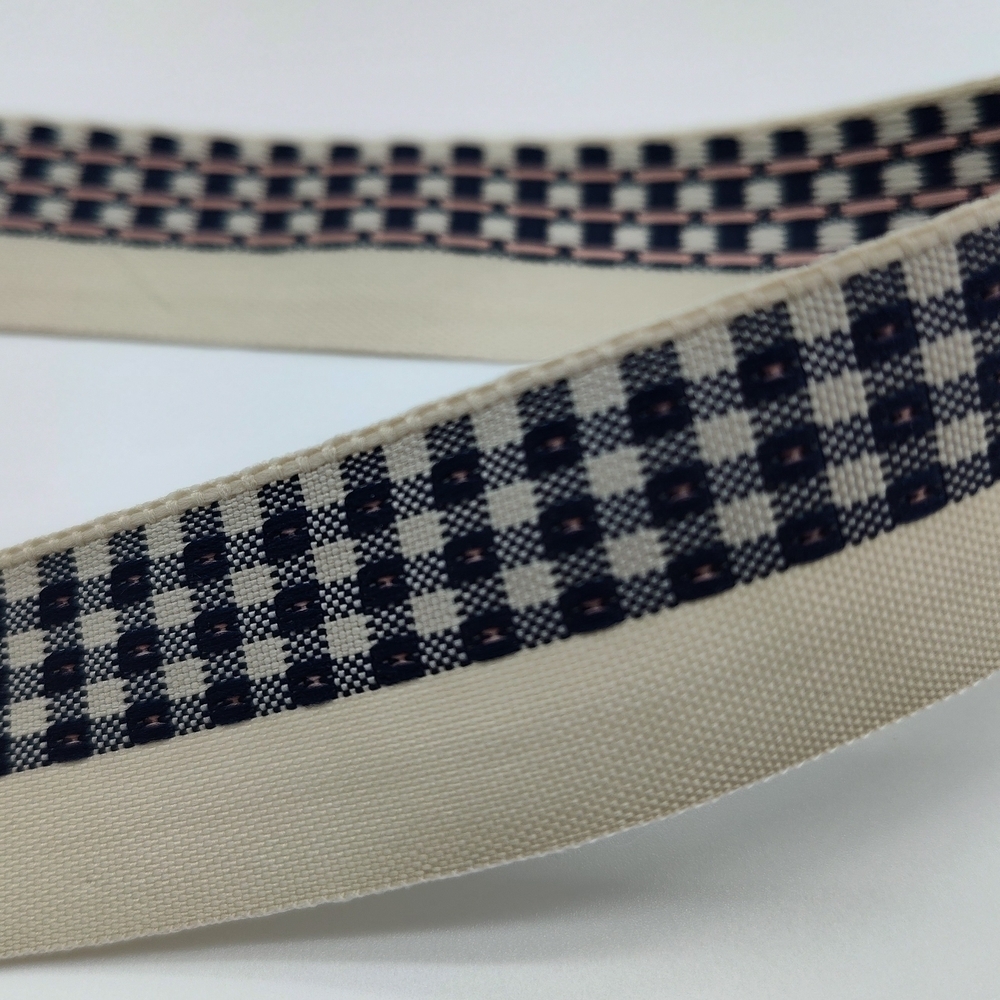 Vintage French Ribbon 1950s Cream Navy Pink Woven Trim Two (2) Yards - Picture 4 of 5